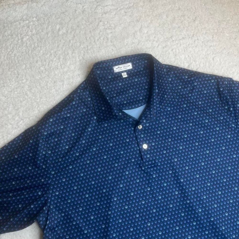 Peter millar men blue "seeing double" skull aop polo embroidered golf xl